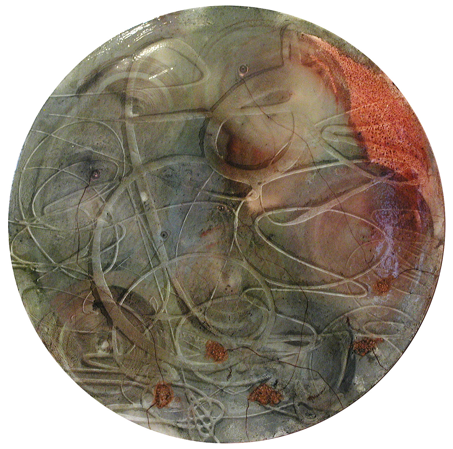 Alga y Cobre, 20" d., 2002, watercolor, acrylic, ink, crayon, pencil on canvas