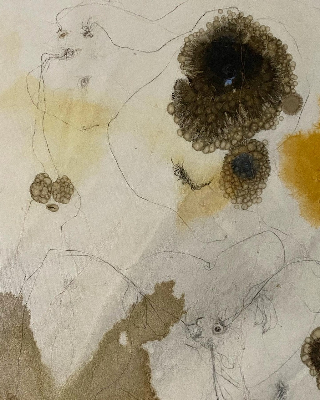 Enlazaduras, detail, 2000, 48"x49.5" ink, acrylic, crayon, graphite, copper wire on canvas