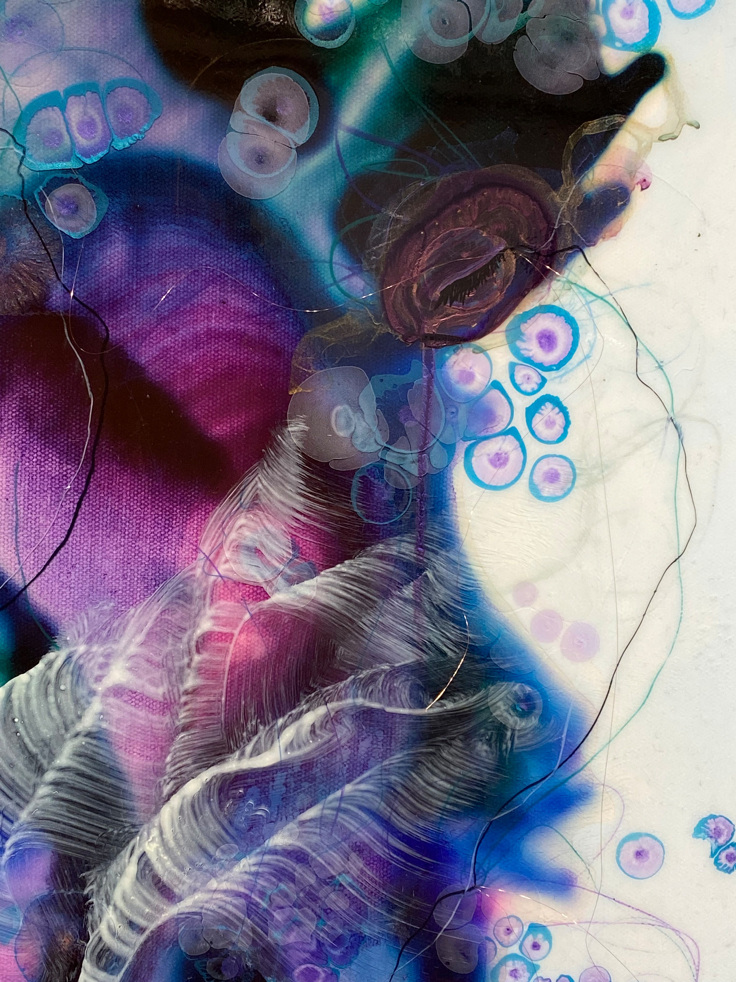 My Cosmos seems small in comparison, detail, 24”x 24”, Watercolor, acrylic, ink, crayon, pigment, pencil, copper wire on canvas