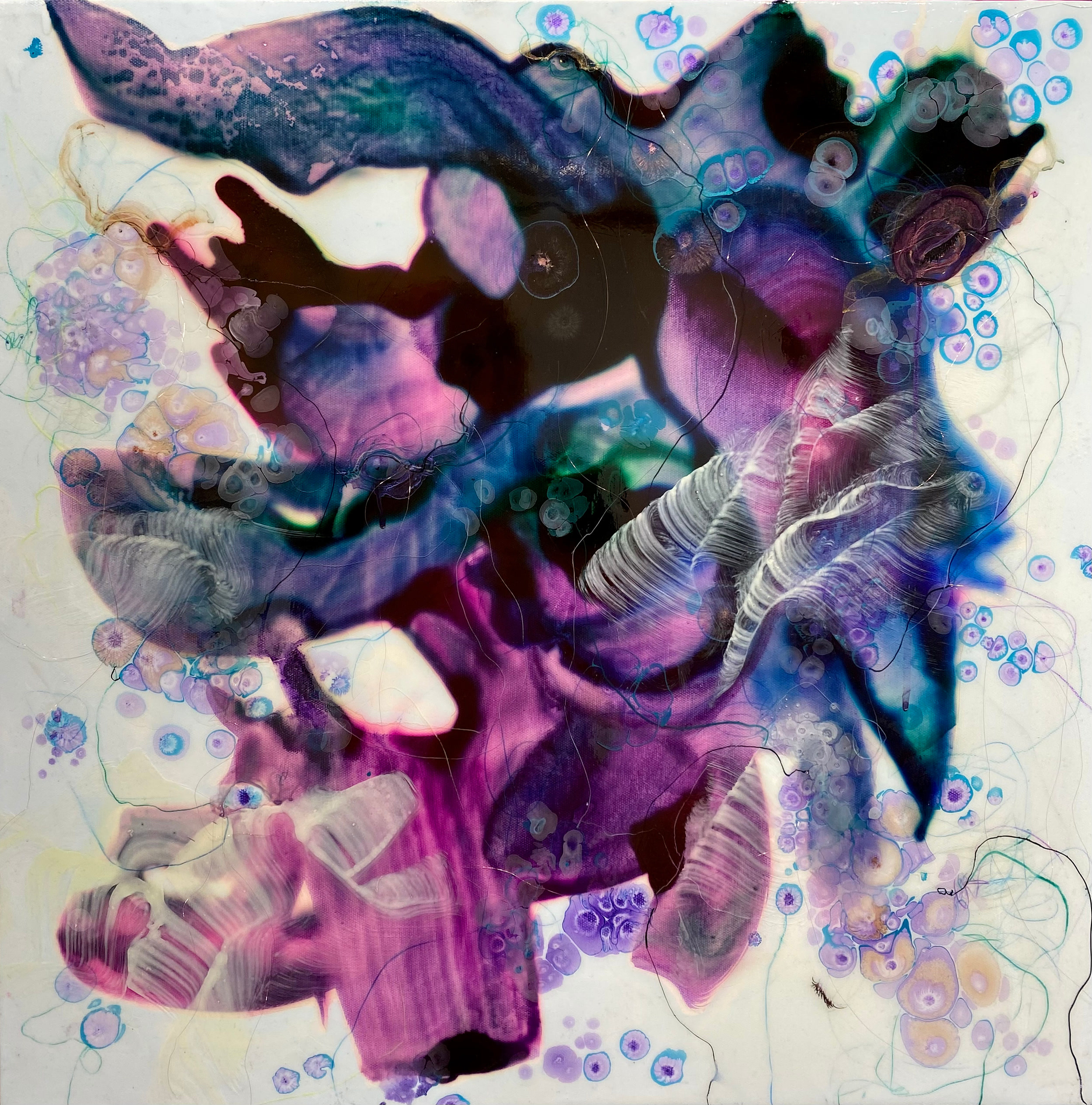 My Cosmos seems small in comparison, 24”x 24”, Watercolor, acrylic, ink, crayon, pigment, pencil, copper wire on canvas