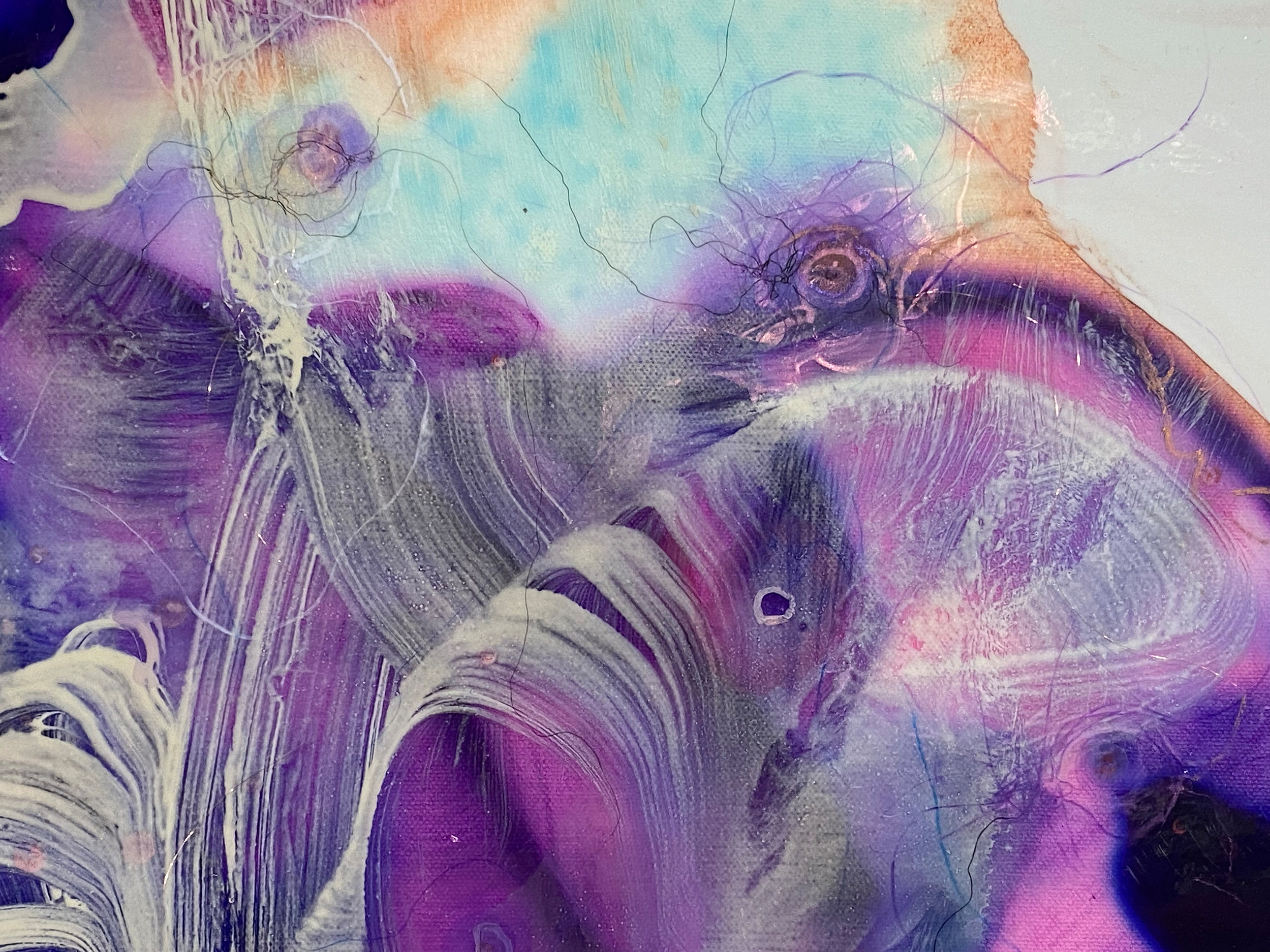The universe in you.., detail — Detail, The universe in you.., 36” x 36”, 2023, Watercolor, acrylic, ink, crayon, pigment, pencil, and copper wire on canvas