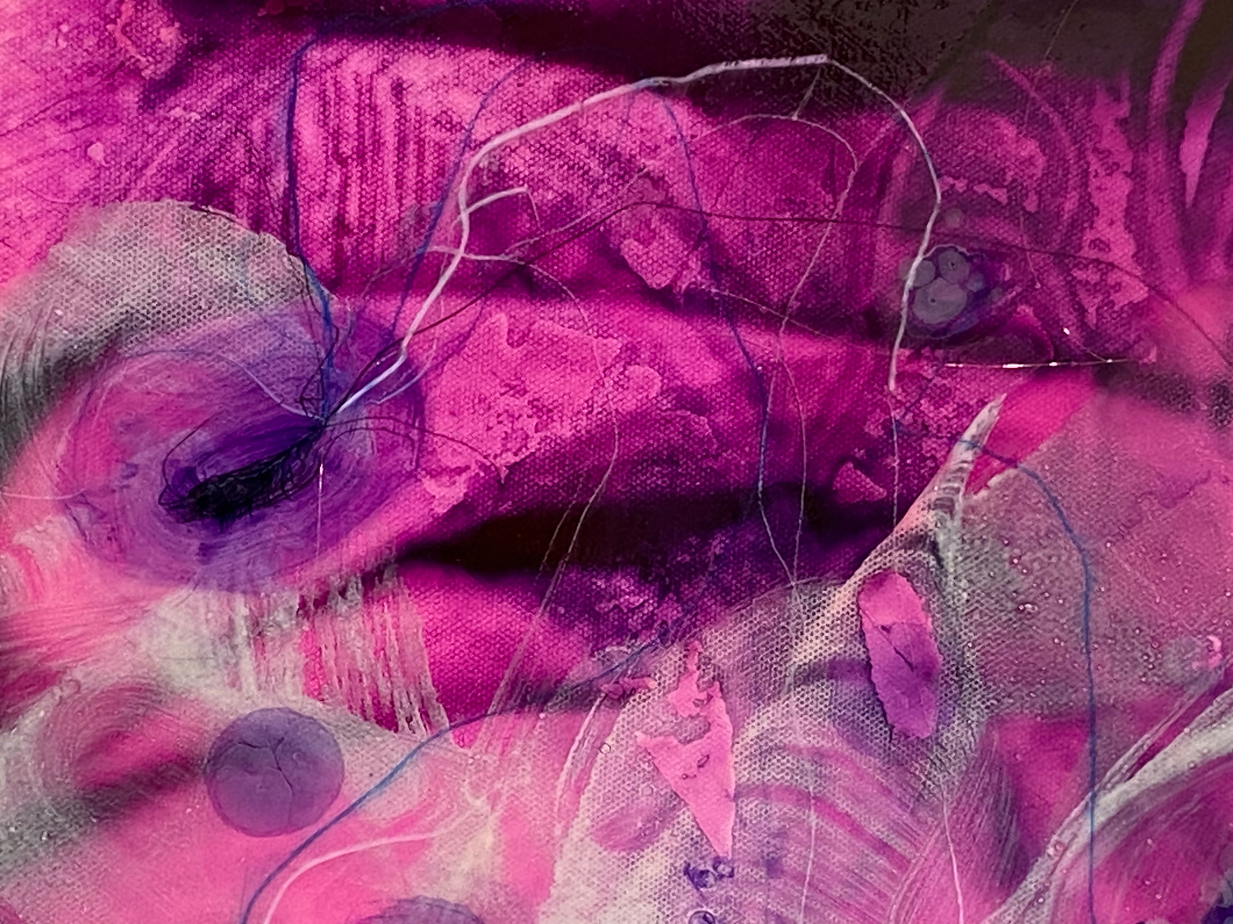 I see you now…, detail — Detail, I see you now…, 36” x 36”, 2023, Watercolor, acrylic, ink, crayon, pigment, pencil, copper wire on canvas