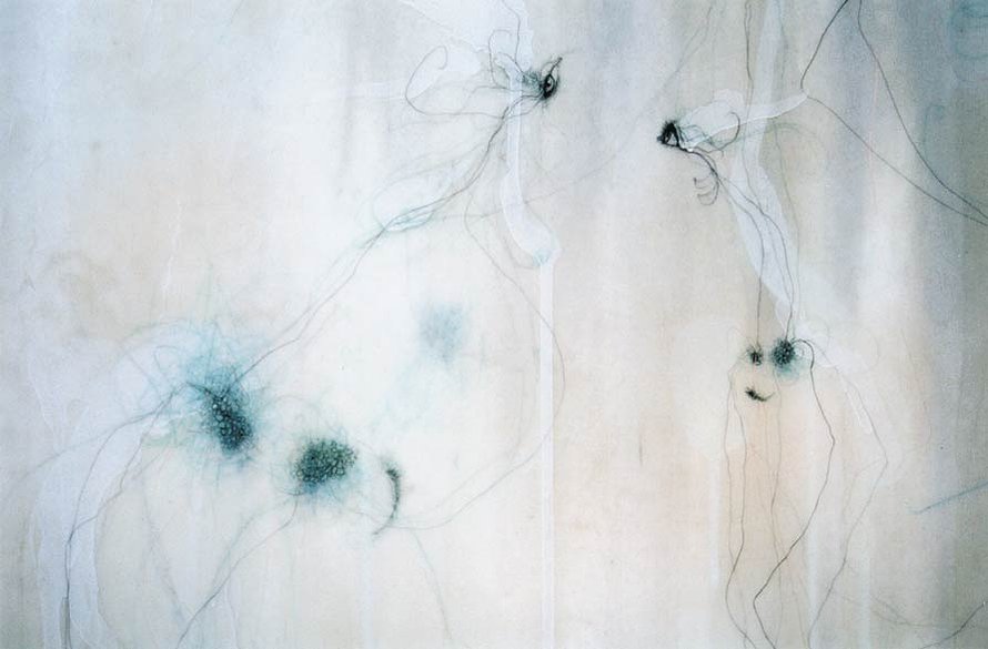 Galerna, detail, 2000, 49.5" x 48" acrylic, graphite, copper wire, copper pencil on canvas