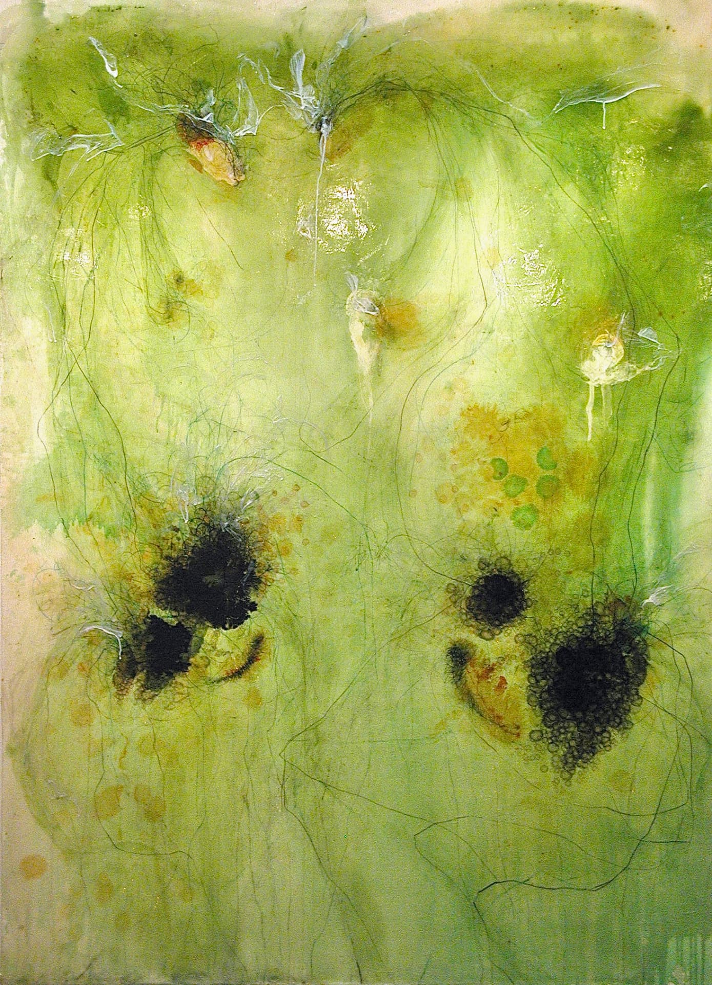 Musgos, 80" h x 68" w, ink, acrylic, copper pencil, charcoal, aluminum string, and graphite on fabric