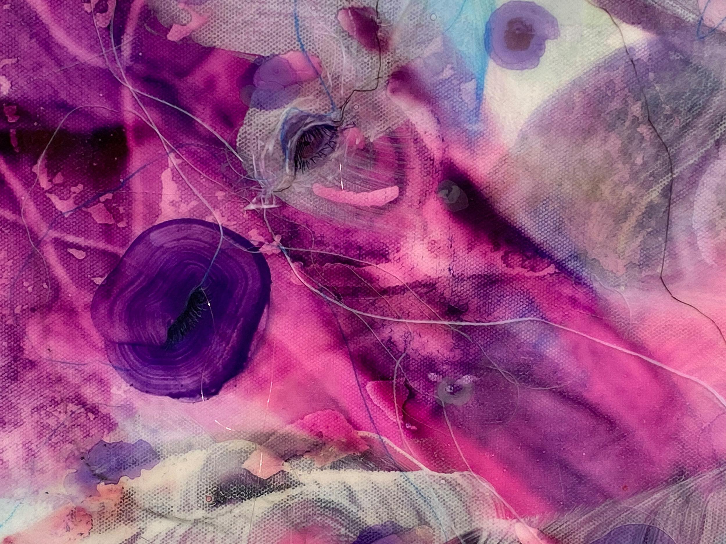 I see you now…, detail — Detail, I see you now…, 36” x 36”, 2023, Watercolor, acrylic, ink, crayon, pigment, pencil, copper wire on canvas