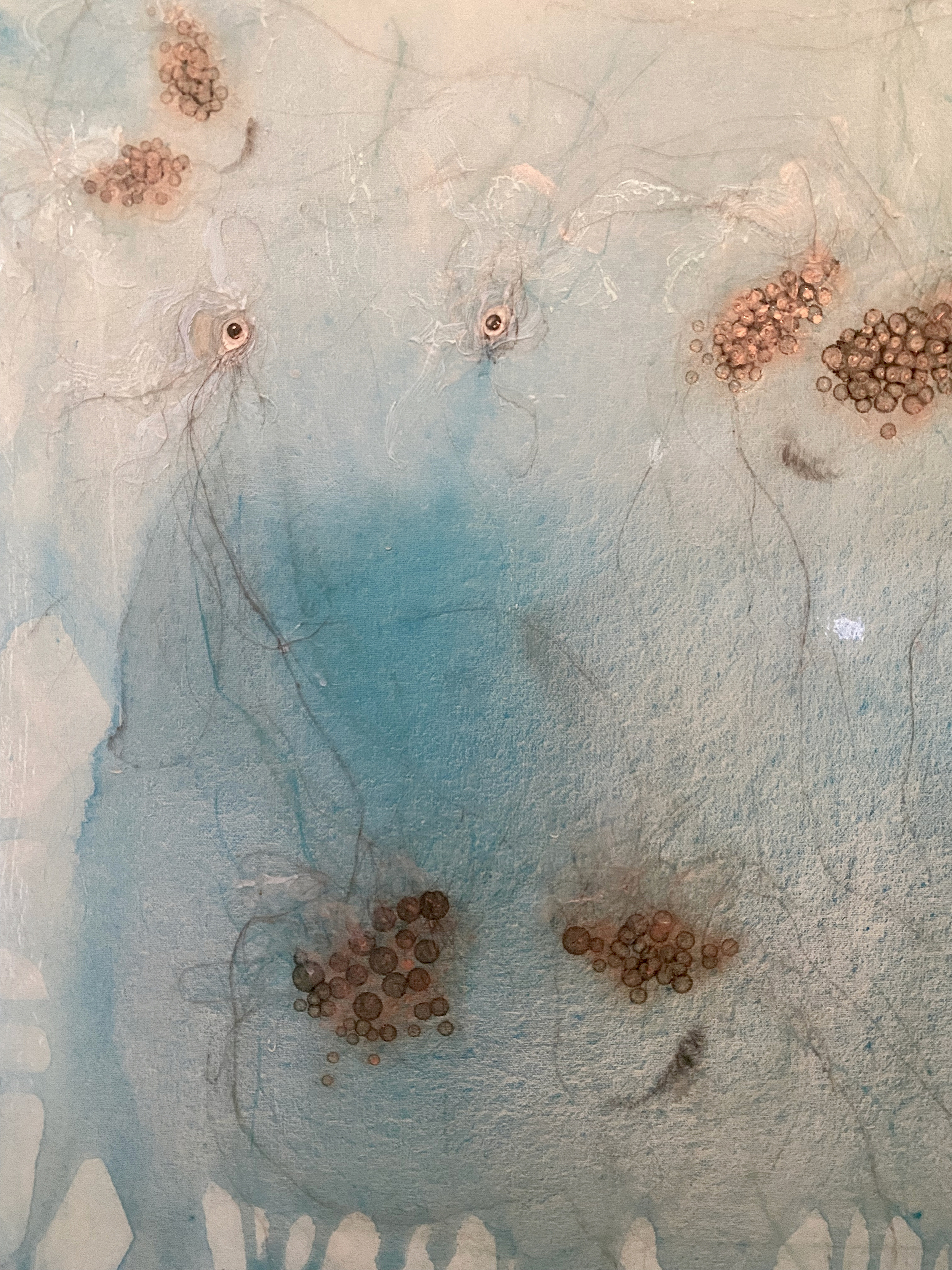 Serie azulezca #2, detail, 24" x 48", acrylic, ink, watercolor, crayon, copper wire on canvas