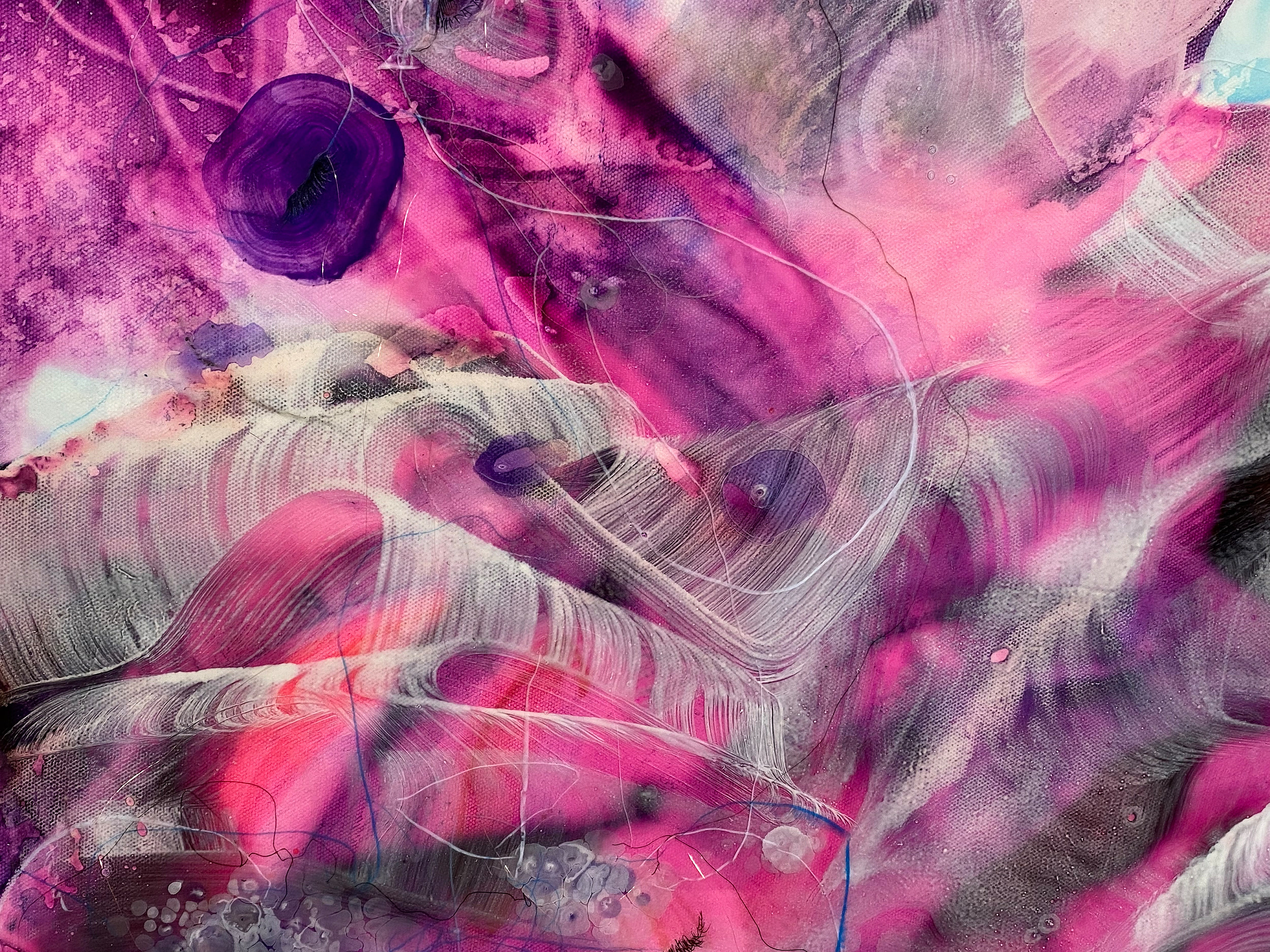 I see you now…, detail — Detail, I see you now…, 36” x 36”, 2023, Watercolor, acrylic, ink, crayon, pigment, pencil, copper wire on canvas