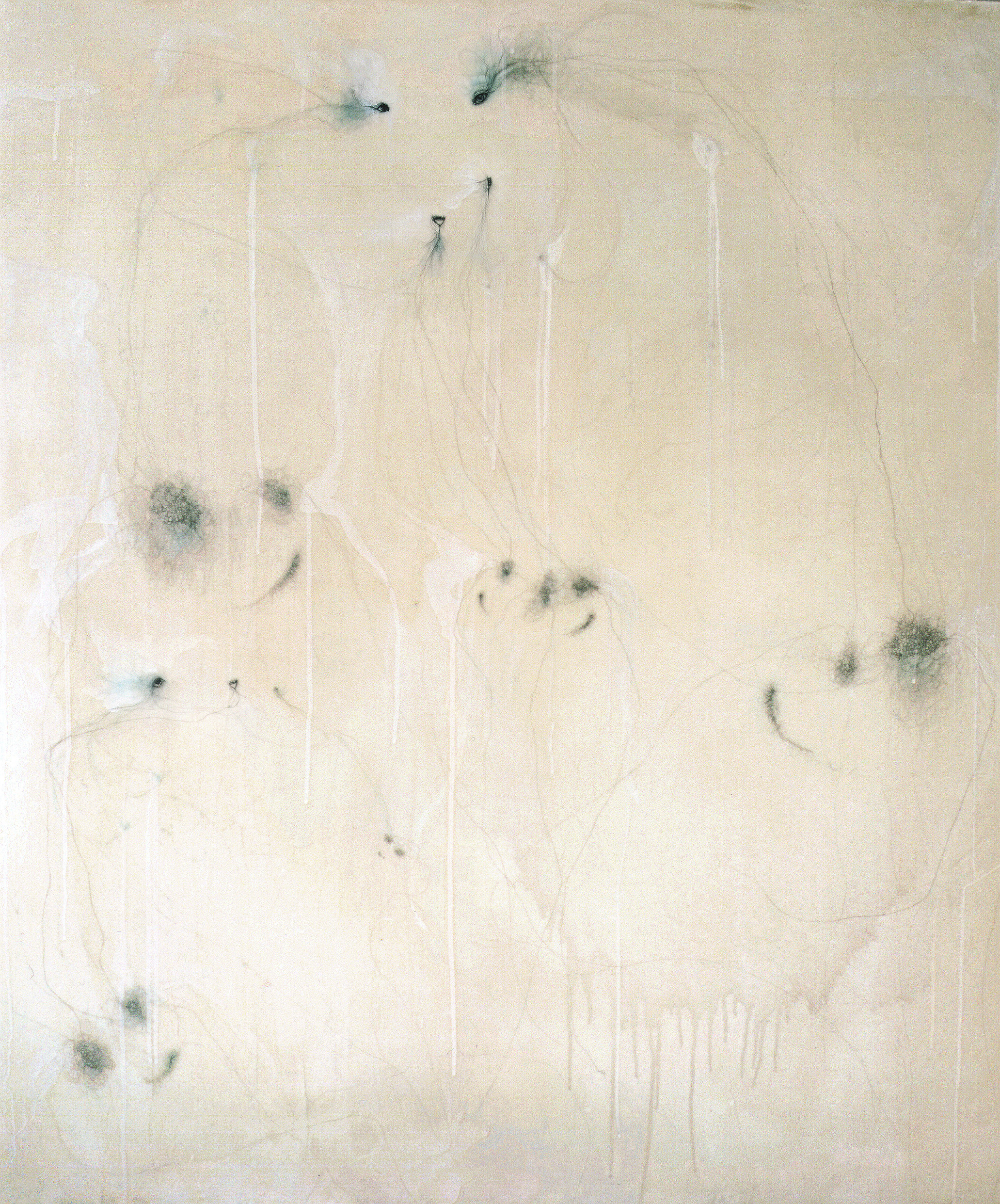 Tres, 48" x 54" acrylic, graphite, copper wire, copper pencil on canvas